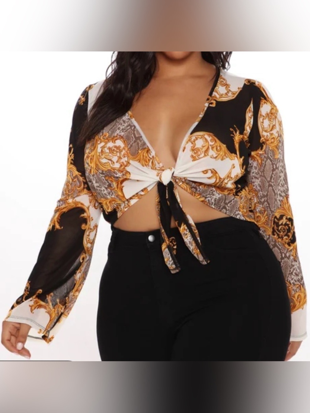 Tie Front Mesh Blouse Days On The Yacht Print Black/Combo Bell Sleeve Maximalism
